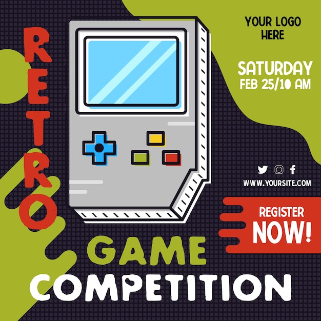 PSD social media retro game post template with vintage console. game competition for marketing campaign