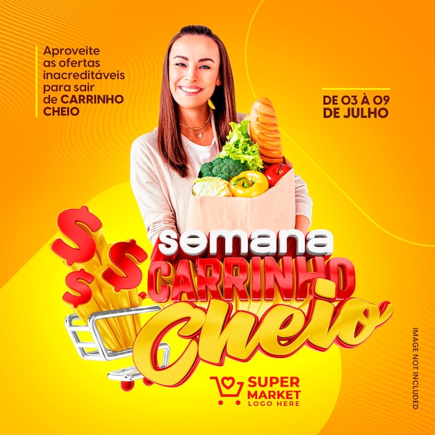 Social media-sjabloon in het portugees met 3d-stempel voor een volledige winkelwagenweek-retailcampagne