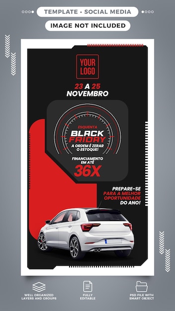 PSD storie sui social media instagram venerdì nero per la vendita di veicoli in offerta