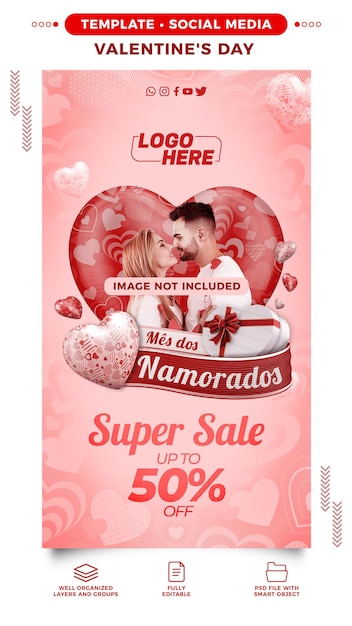 PSD social media stories template voor valentijnsdag in braziliaanse 3d