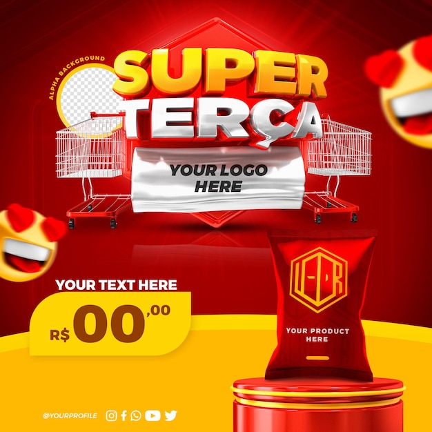 Social Media Super Tuesday Aanbieding Promotie Instagram Post Template 3D Render Premium PSD