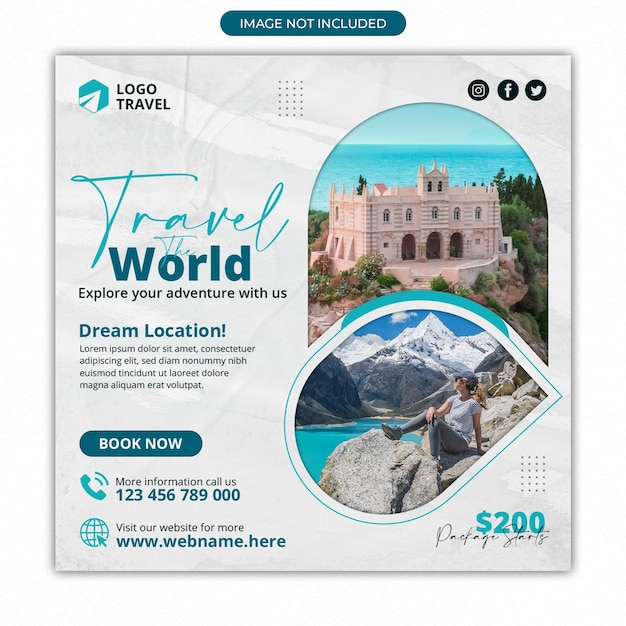 Social media travelling post or travel business agency promotion square banner template