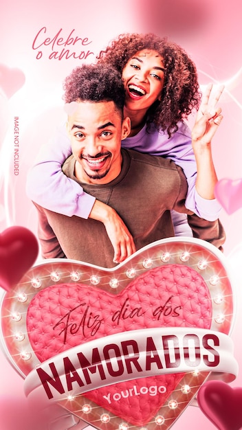 Social media valentines day template with 3d stamp in portuguese brazil