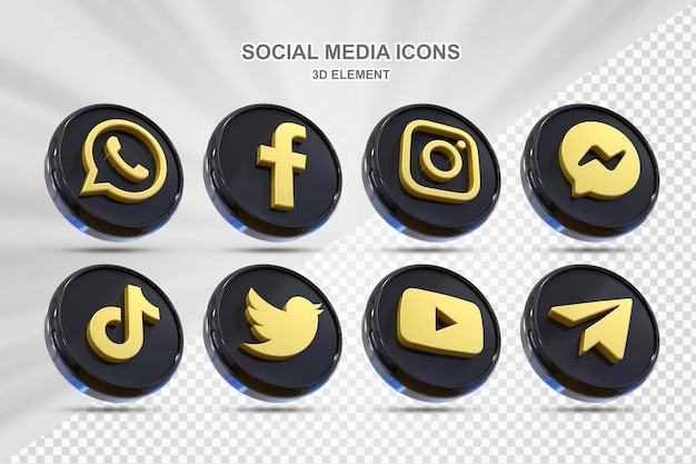 PSD social media zwarte pictogrammen 3d-pakket met facebook instagram twitter tiktok youtube-logo's