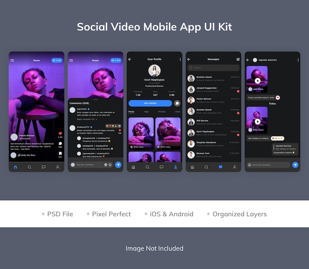 PSD social video mobile app ui kit