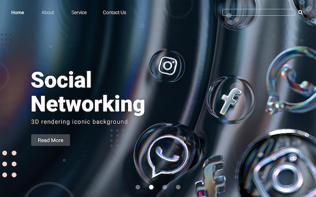 PSD sociale media icoon binnen bubble glas vormen op kleurrijke abstracte donkere achtergrond 3d render