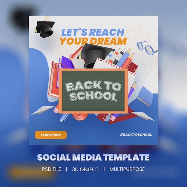 Sociale media terug naar school 3d illustratie premium psd