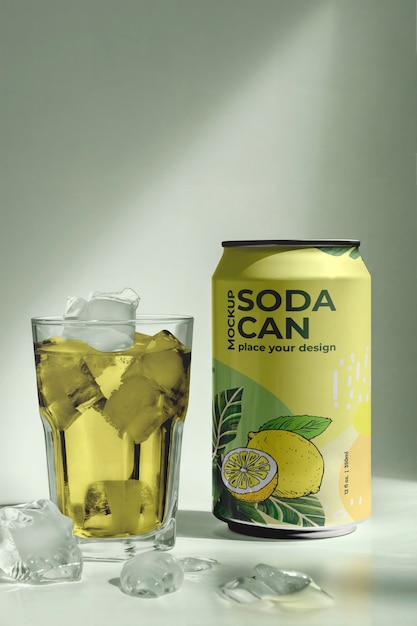 Soda blikje en ijs mockup