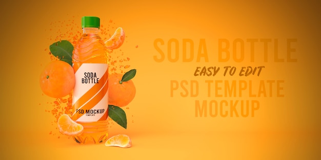 PSD soda bottle mockup tangerine splash 3d render
