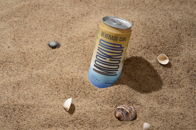 PSD soda can on the beach