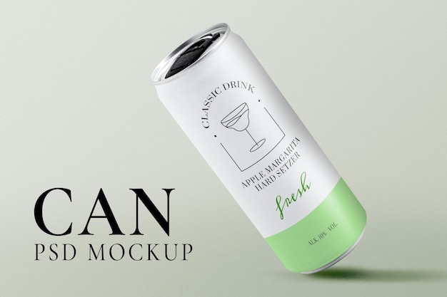 Soda can mockup, green beverage packaging psd