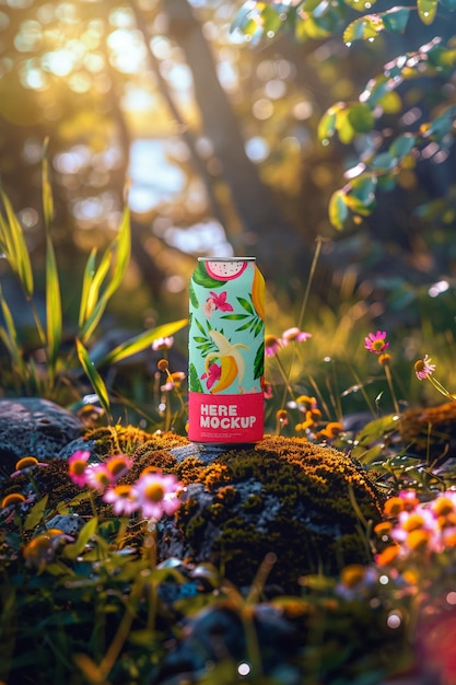 Soda can mockup with fruits