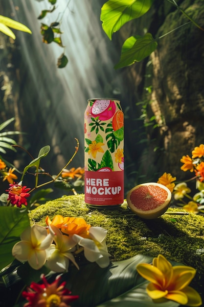 Soda can mockup with fruits