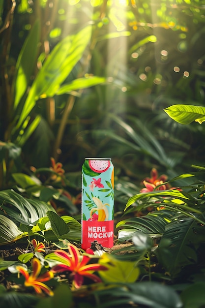 Soda can mockup with fruits