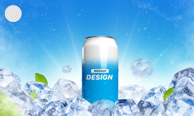 Latta di soda mockup con cubetti di ghiaccio