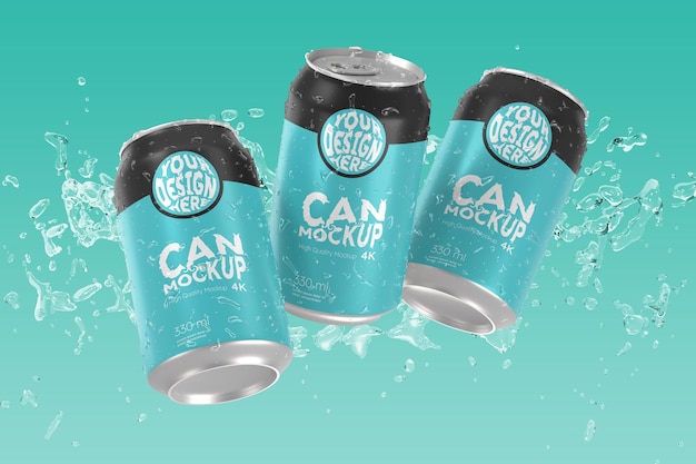 PSD soda can mockup with splash water