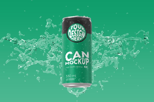 PSD la soda può mockup con spruzzi d'acqua