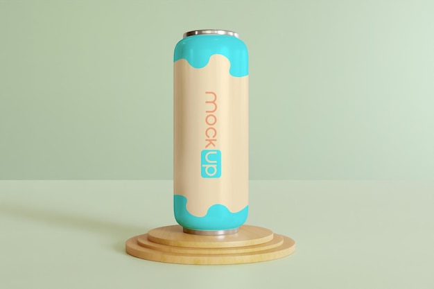 PSD soda può mockup sul podio di legno