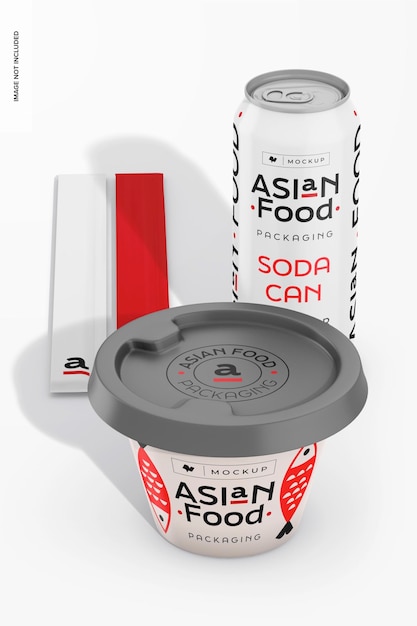 PSD soda can with food container mockup high angle view