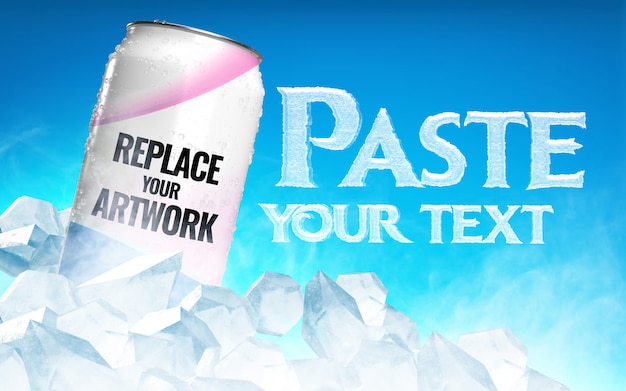 PSD soda can with ice cubes advertising mockup