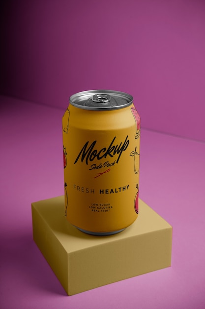 PSD soda can with pink background high angle