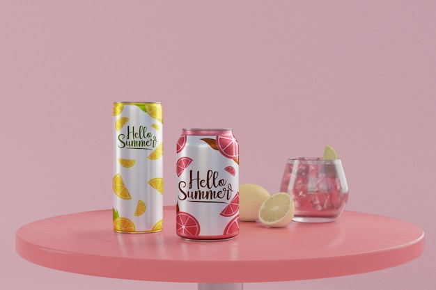 ソーダ缶ピンクの背景を持つテーブル