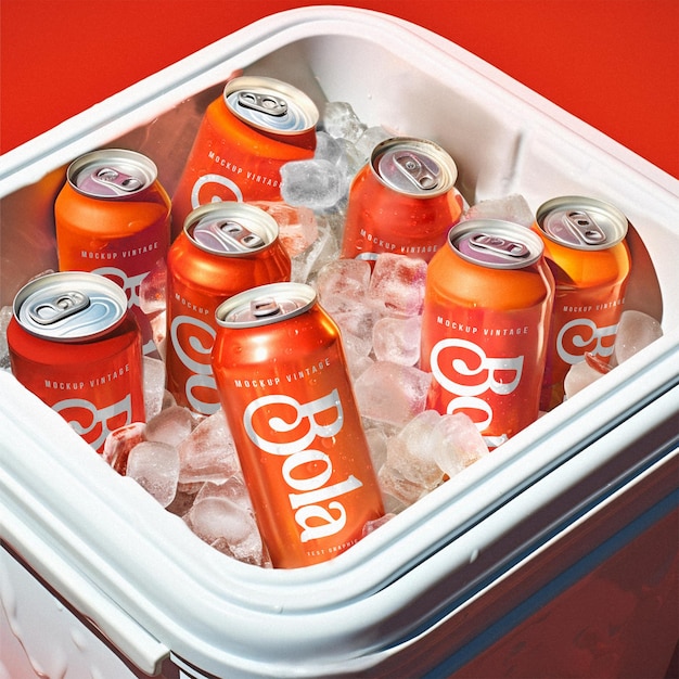 PSD soda cola can vintage mockup red ice cubes