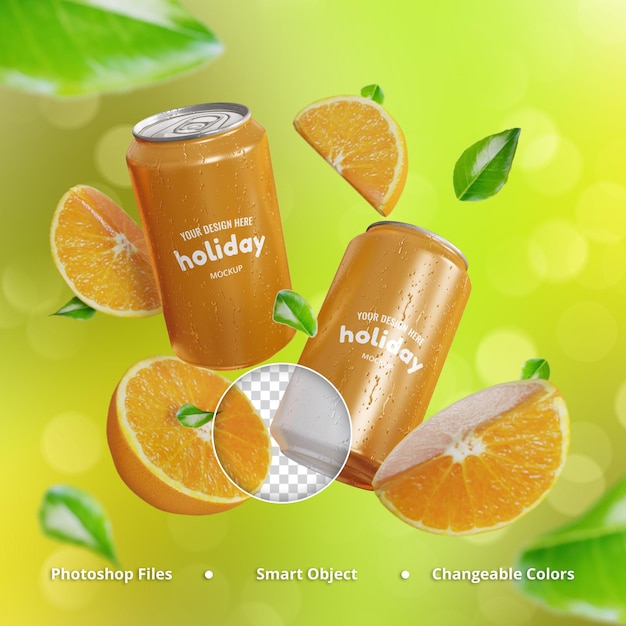 Мокап содового напитка с апельсинами и листьями