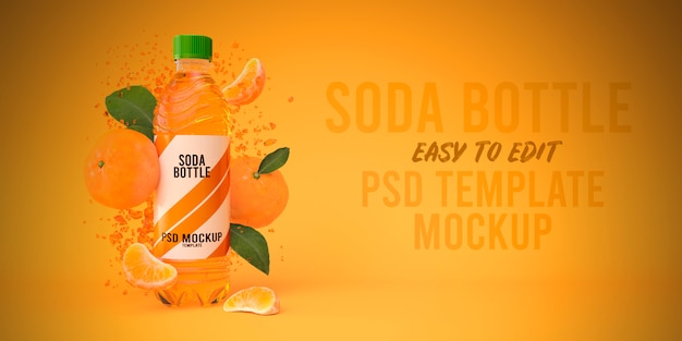 PSD soda fles mockup mandarijn splash 3d render