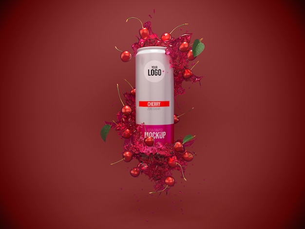 Soda kan mockup met cherry splash 3d render