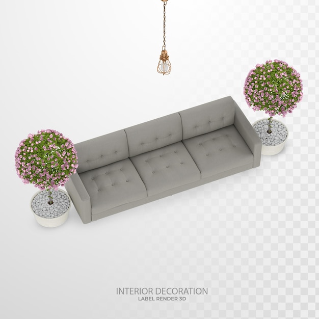 植物の背景を持つソファ3dリビングルームのインテリア