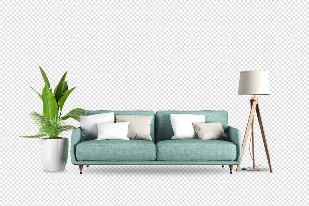 PSD sofa with plant in 3d rendered