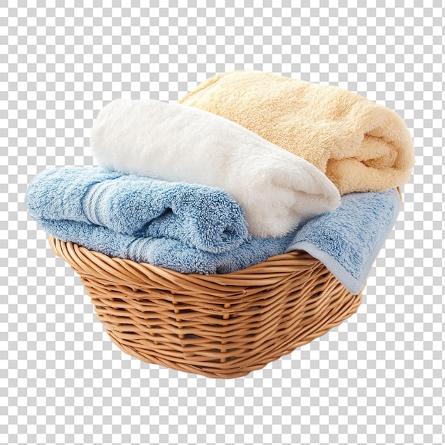 Soft and fluffy towels in a basket isolated on transparent background