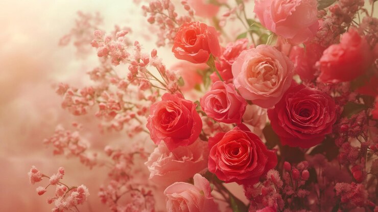 PSD ピンクと赤のバラと細なピンクの花の束の柔らかい夢のようなクローズアップ