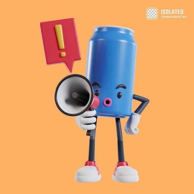 PSD soft drink can cartoon character talking loudly with megaphone saying no with exclamation mark
