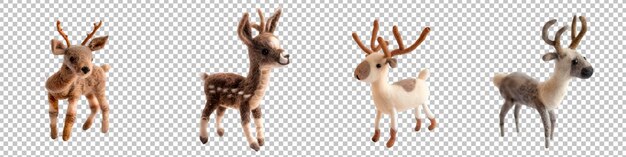 PSD soft felted wool miniature reindeer set isolated on transparent background