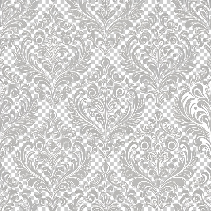 PSD soft gray color damask seamless pattern element on transparent background