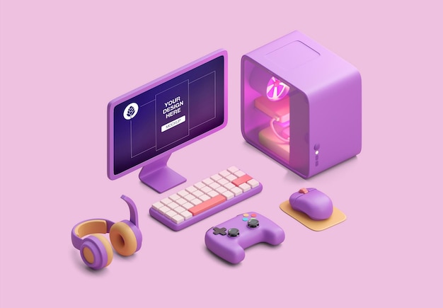 Soft pop computer and devices mockup 3d render