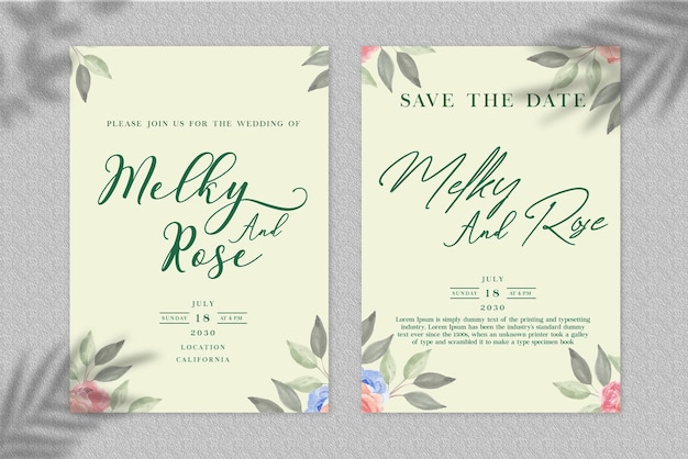 柔らかい水彩画の花の結婚式の招待カードセットpsq