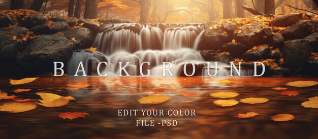 PSD soft waterfall in autumn beams of light through the forest and fallen leaves orange light