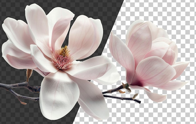 Soft white magnolia flowers in full bloom on branch on transparent background stock png