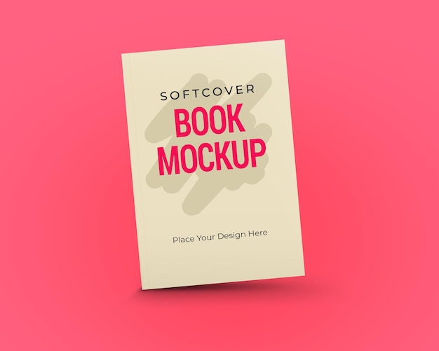 Softcover book mockup one standing tilted book frontal view isolated on pink background