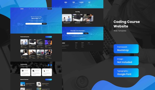 Software and coding online course landing page website template in dark mode