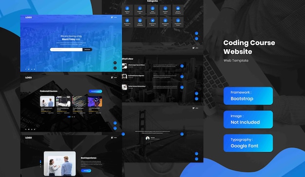 PSD software and coding online course landing page website template in dark mode