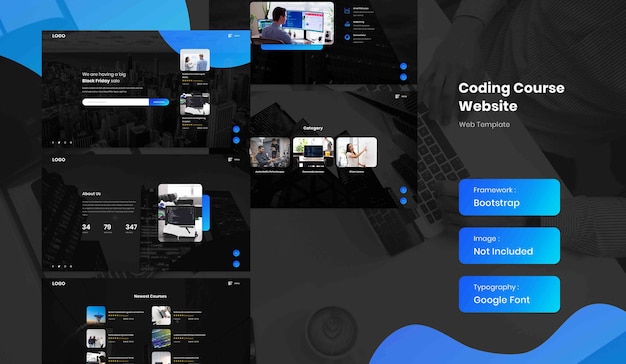 PSD software and coding online course landing page website template in dark mode