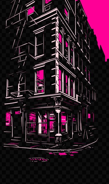 PSD soho with trendy street scene and cast iron buildings boutiq psd vector tshirt tattoo ink scape art