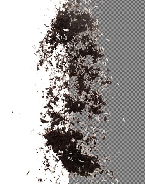 PSD soil dirt white rice mix fly explosion rice soil fertilizer abstract cloud fly soil mix jasmine rice planting splash stop in air white background isolated high speed freeze motion