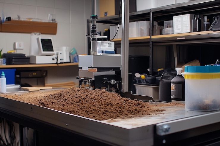 PSD soil sample analysis in a laboratory setting with scientific equipment