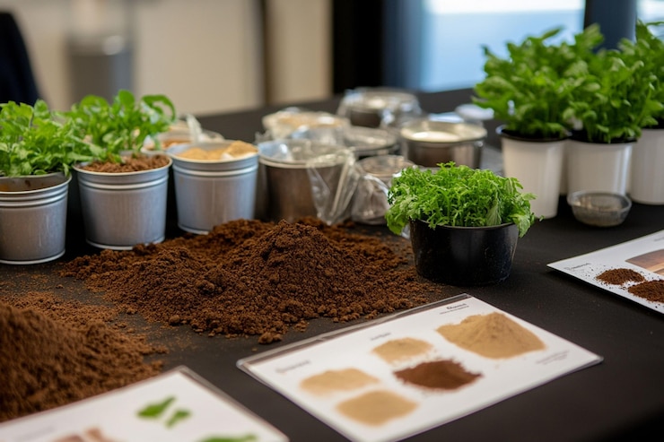 PSD soil samples seedlings and gardening supplies displayed on a black table