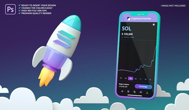 Solana sol bullish cryptocurrency in een raket- en telefoonschermmodel in 3d-rendering